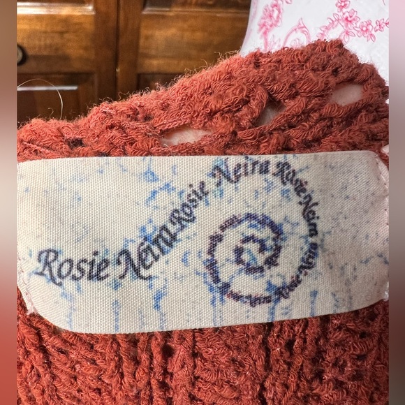 ROSIE NEIRA ANTHROPOLOGIE Rust Crochet Cotton Knit Open Longer Cardigan Duster M - Picture 12 of 14